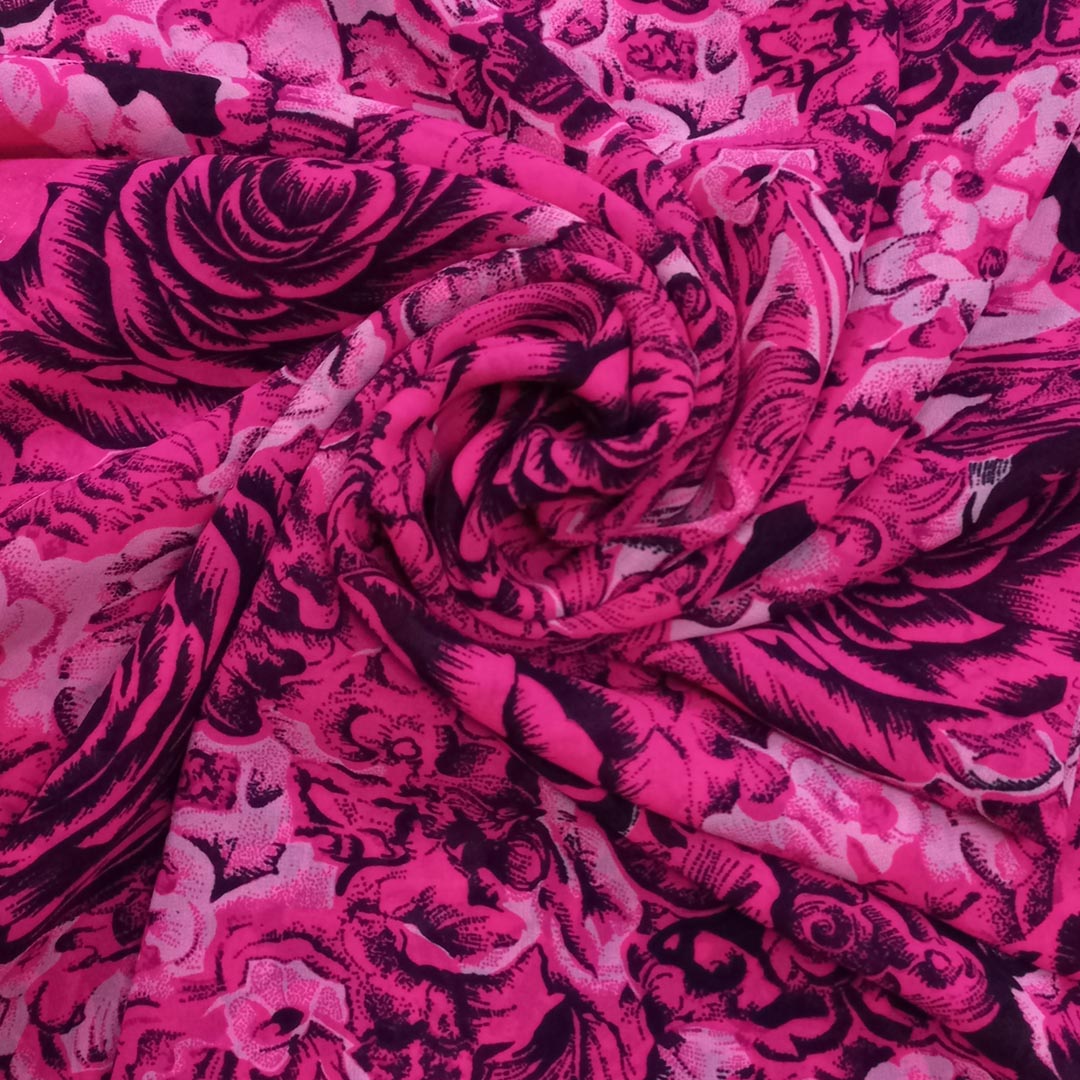 Bright Pink Color Silk Fabric With Printed Floral Motifs