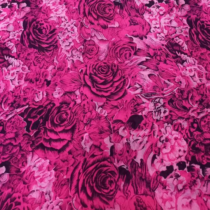 Bright Pink Color Silk Fabric With Printed Floral Motifs