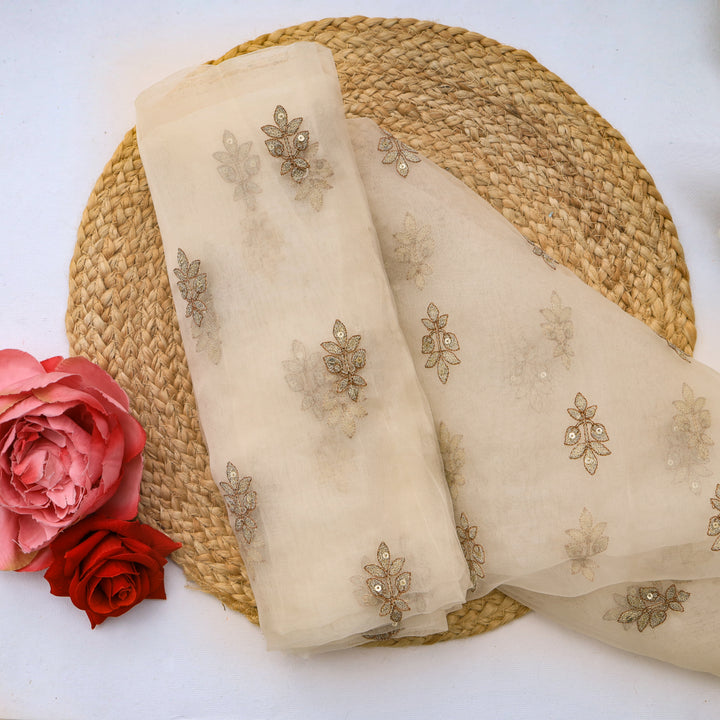 Seashell White Organza Floral Boutis Embroidery Fabric