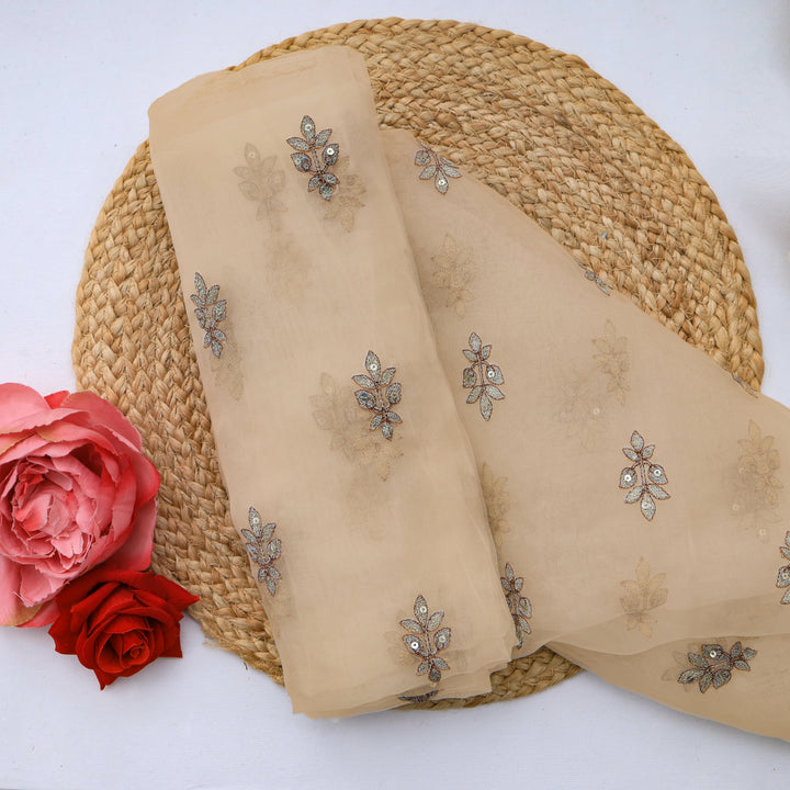 Peach Puff Organza Floral Boutis Embroidery Fabric