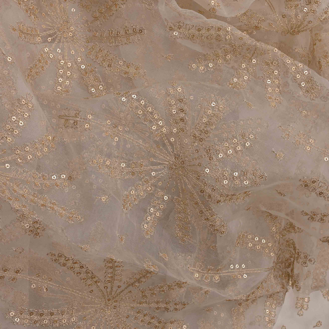 Brown Metal Organza Embroidered Fabric