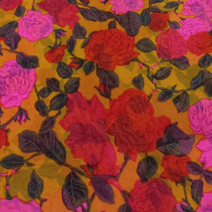Mustard Yellow Color Silk Fabric With Floral Motifs