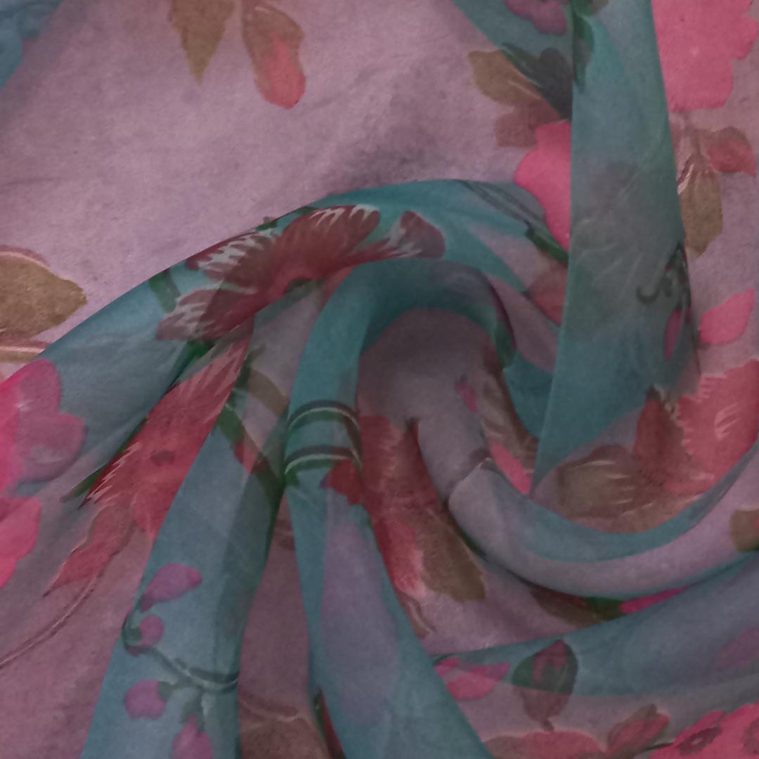 Pastel Blue Color Silk Fabric With Printed Floral Motifs