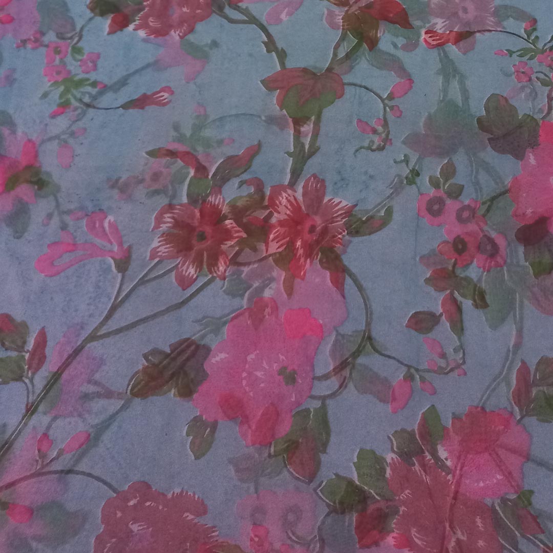Pastel Blue Color Silk Fabric With Printed Floral Motifs