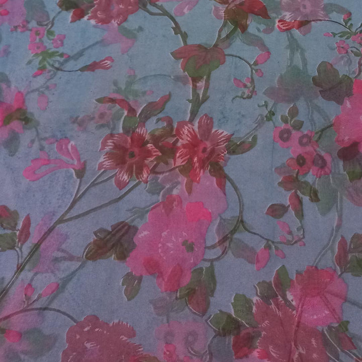 Pastel Blue Color Silk Fabric With Printed Floral Motifs