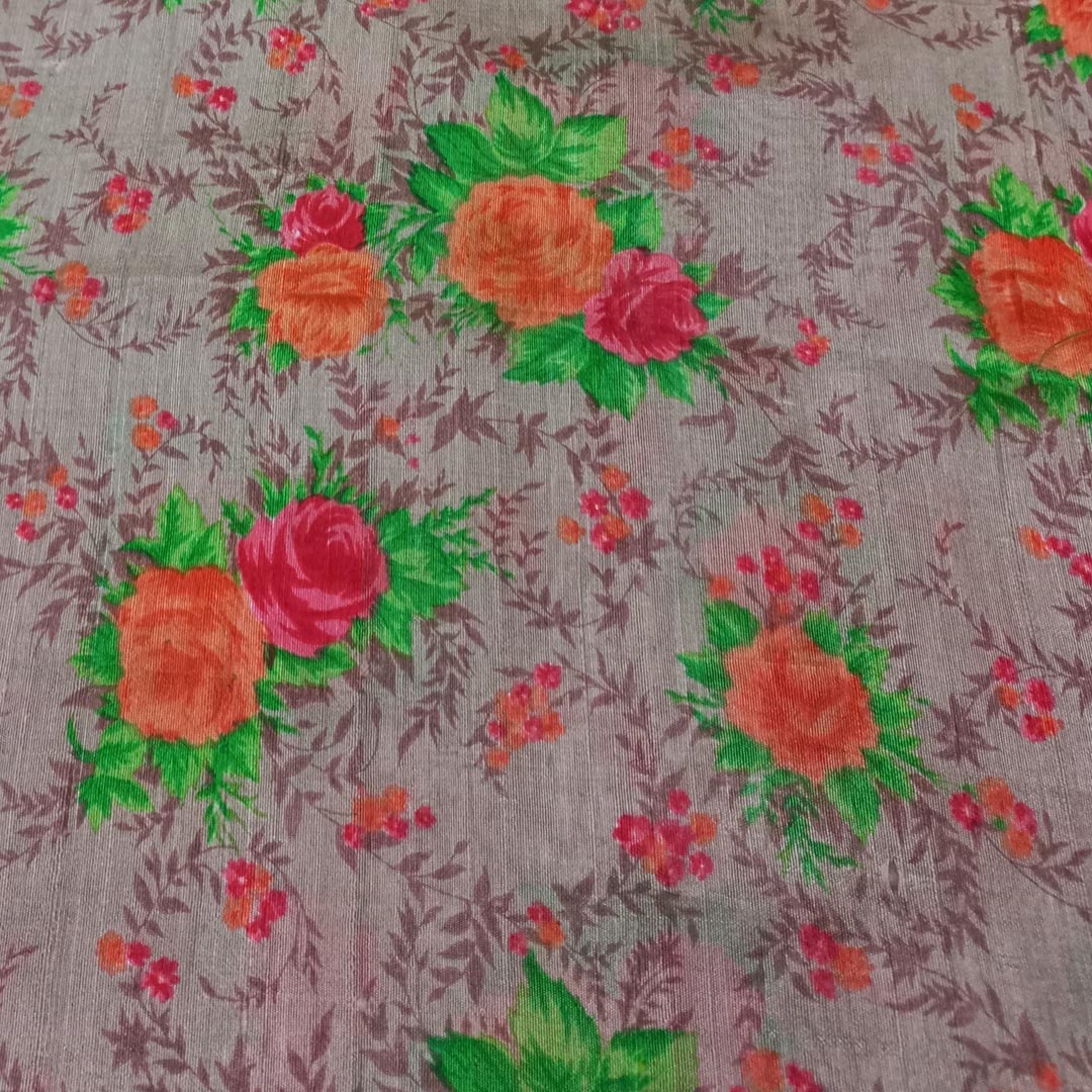 Off-White Color Silk Fabric With Floral Motif Pattern
