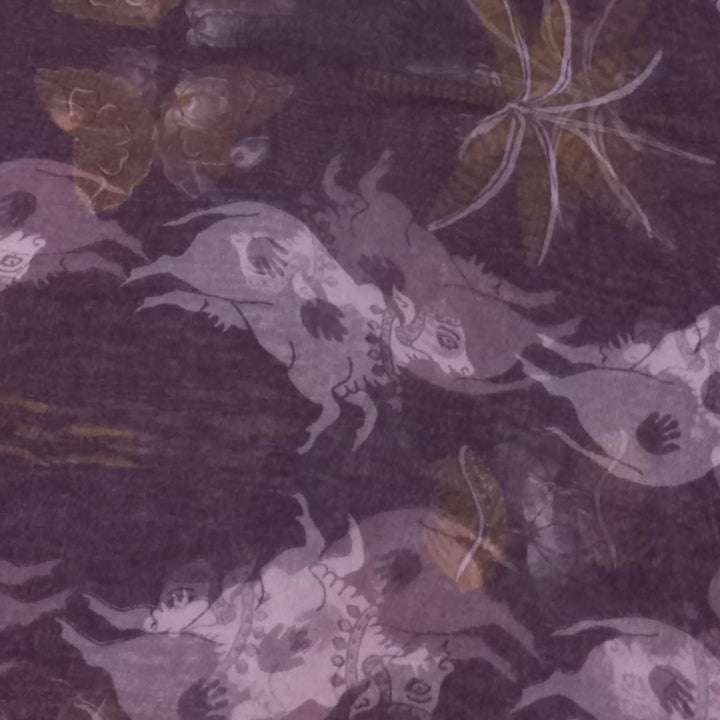 Dusty Pink Color Silk Fabric With Floral And Cow Motifs
