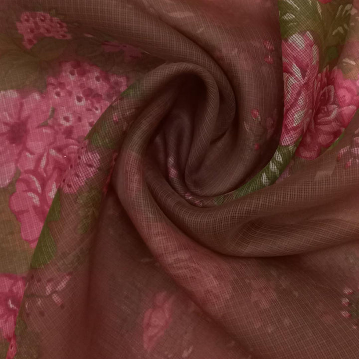 Brown Color Silk Fabric With Floral Motifs