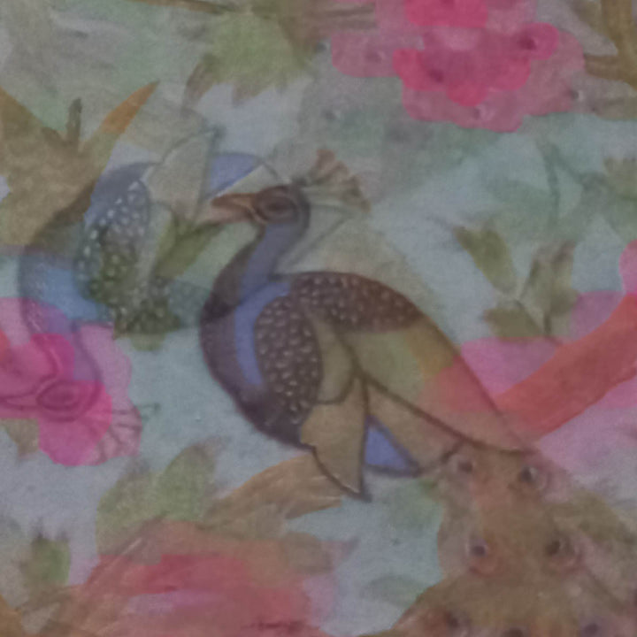 Snow White Color Silk Fabric With Floral And Peacock Pattern