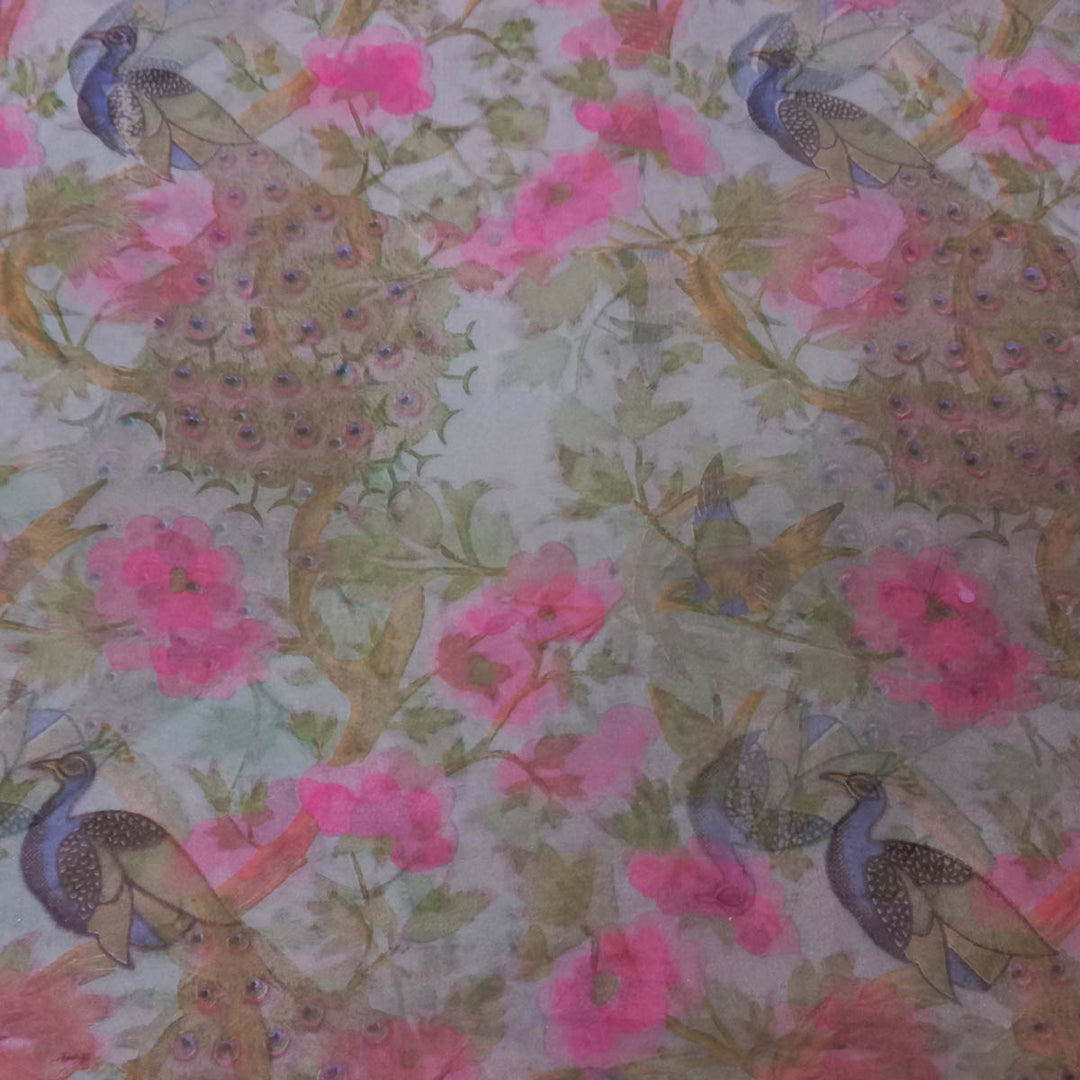 Snow White Color Silk Fabric With Floral And Peacock Pattern