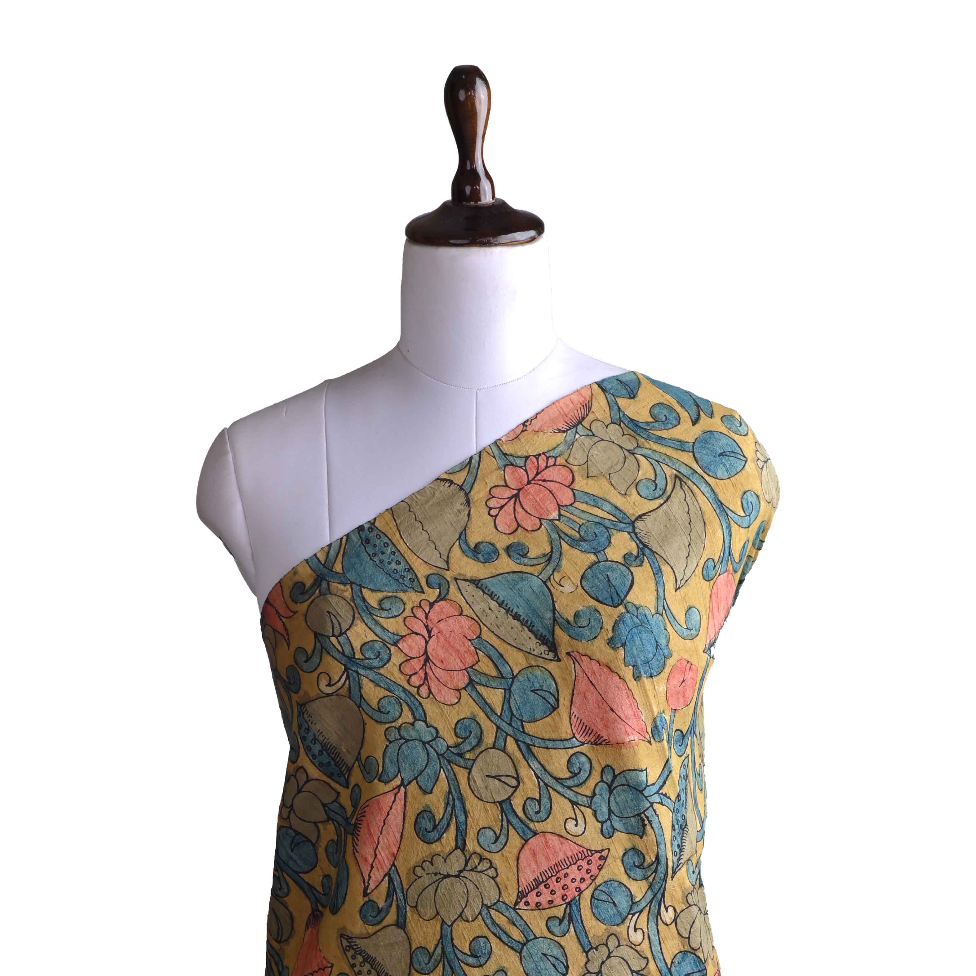 Mustard Yellow Printed Rawsilk With Pen Kalamkari Fabric