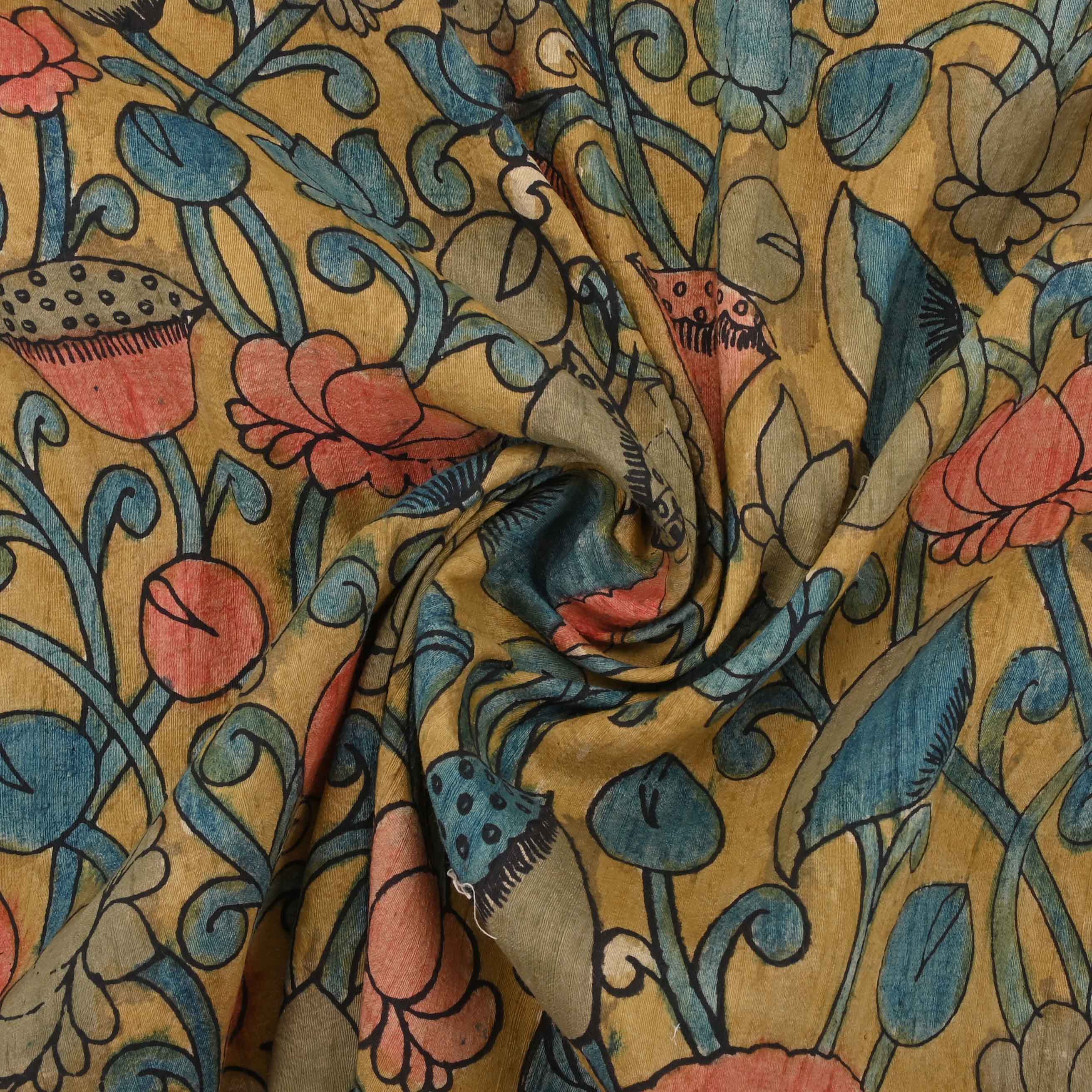 Mustard Yellow Printed Rawsilk With Pen Kalamkari Fabric