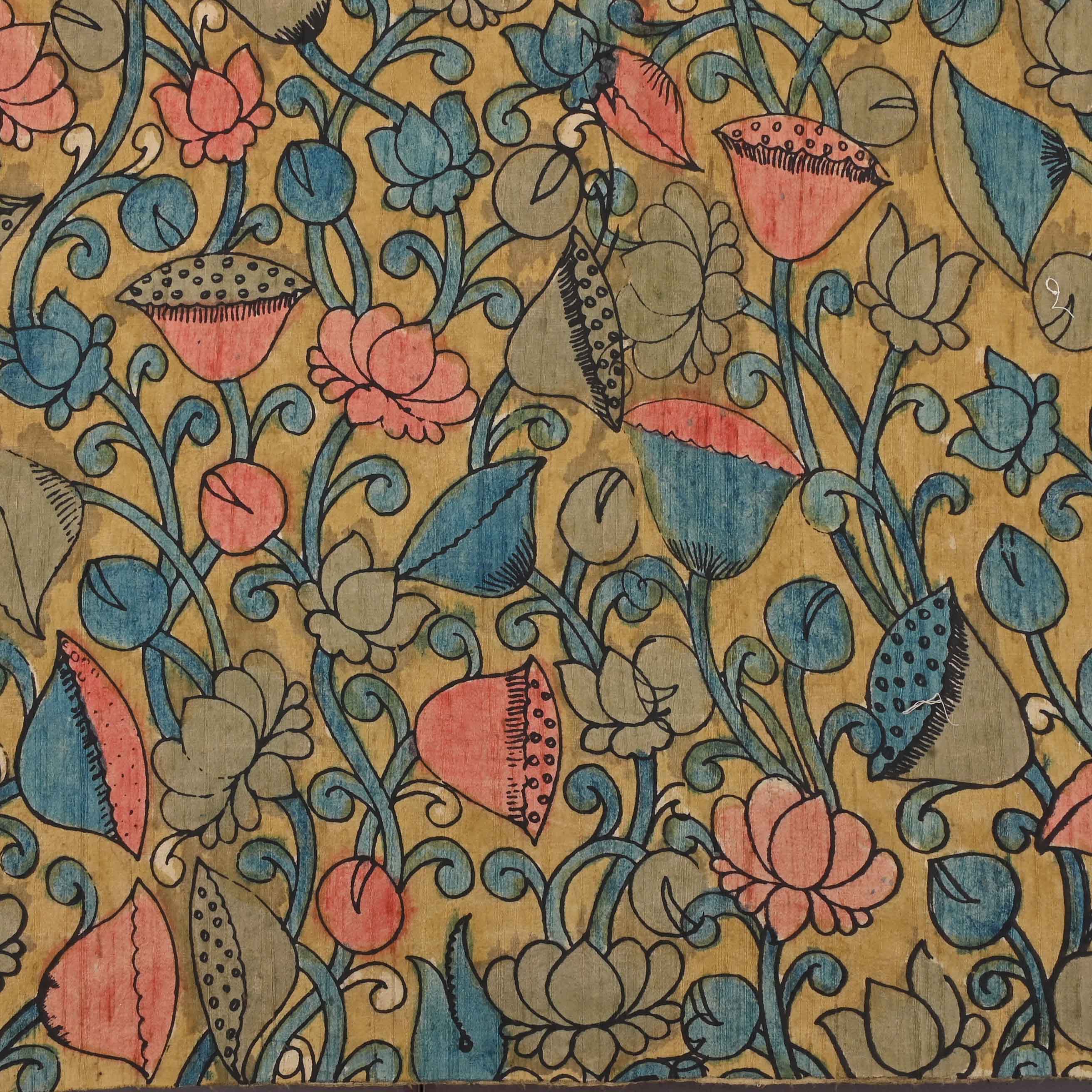 Mustard Yellow Printed Rawsilk With Pen Kalamkari Fabric