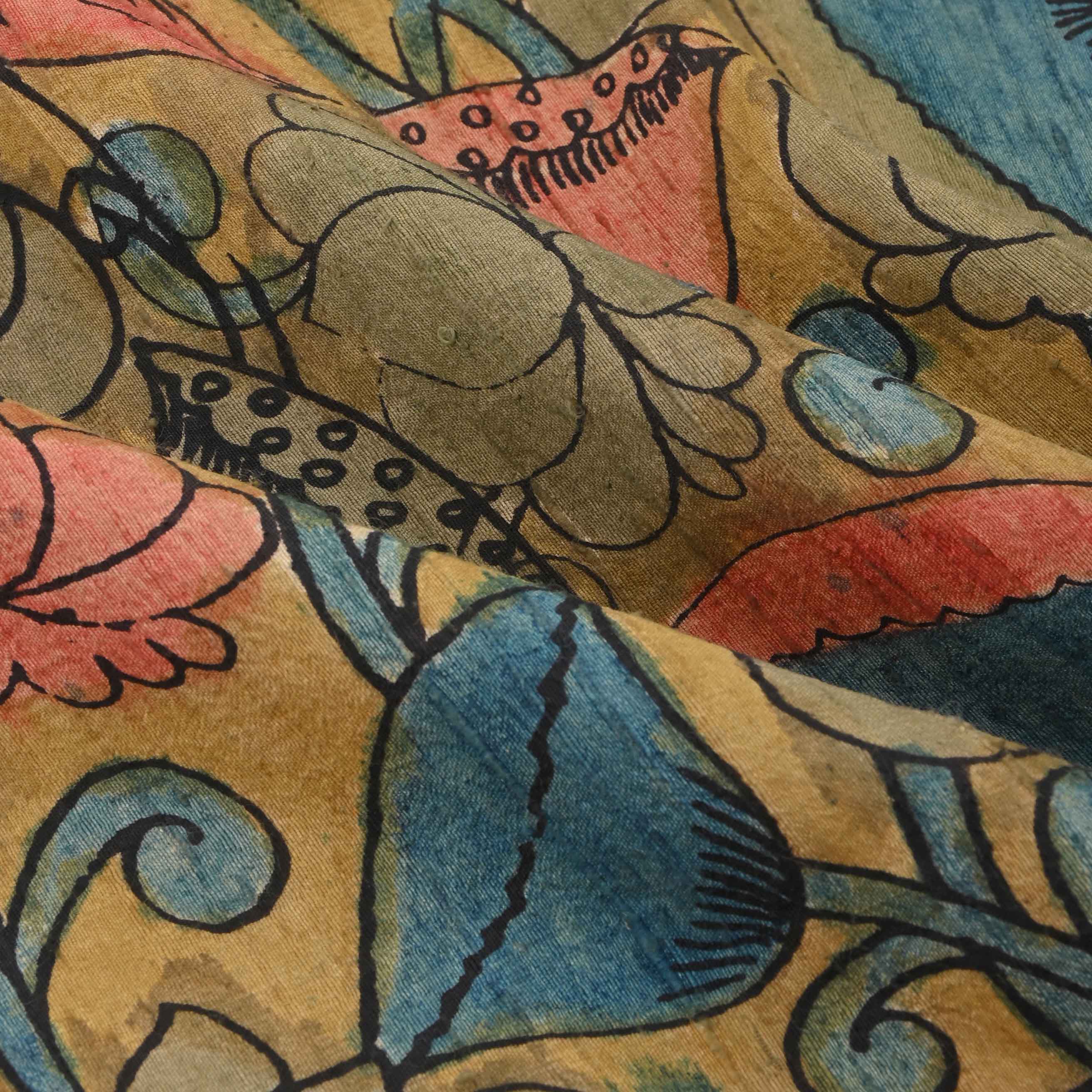 Mustard Yellow Printed Rawsilk With Pen Kalamkari Fabric