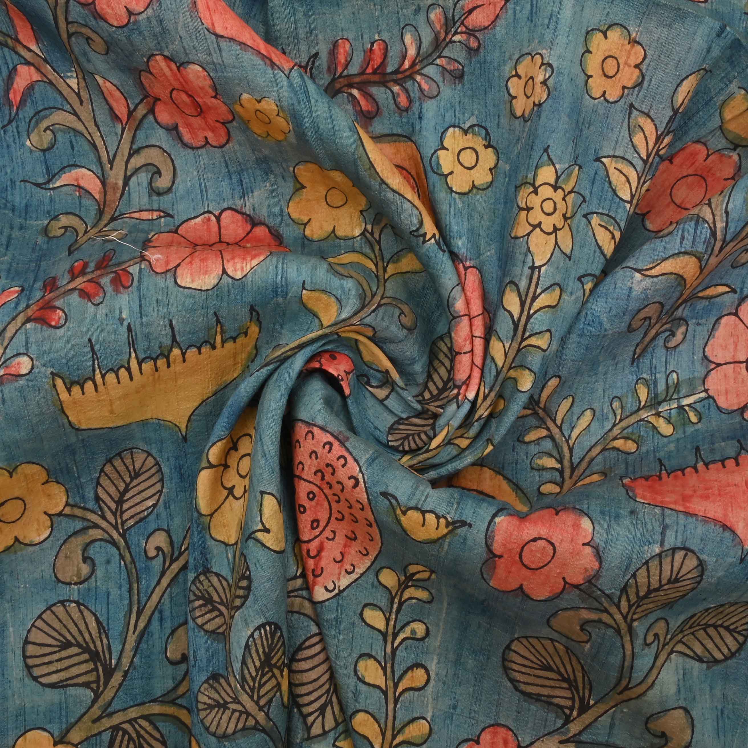 Blue Printed Rawsilk With Pen Kalamkari