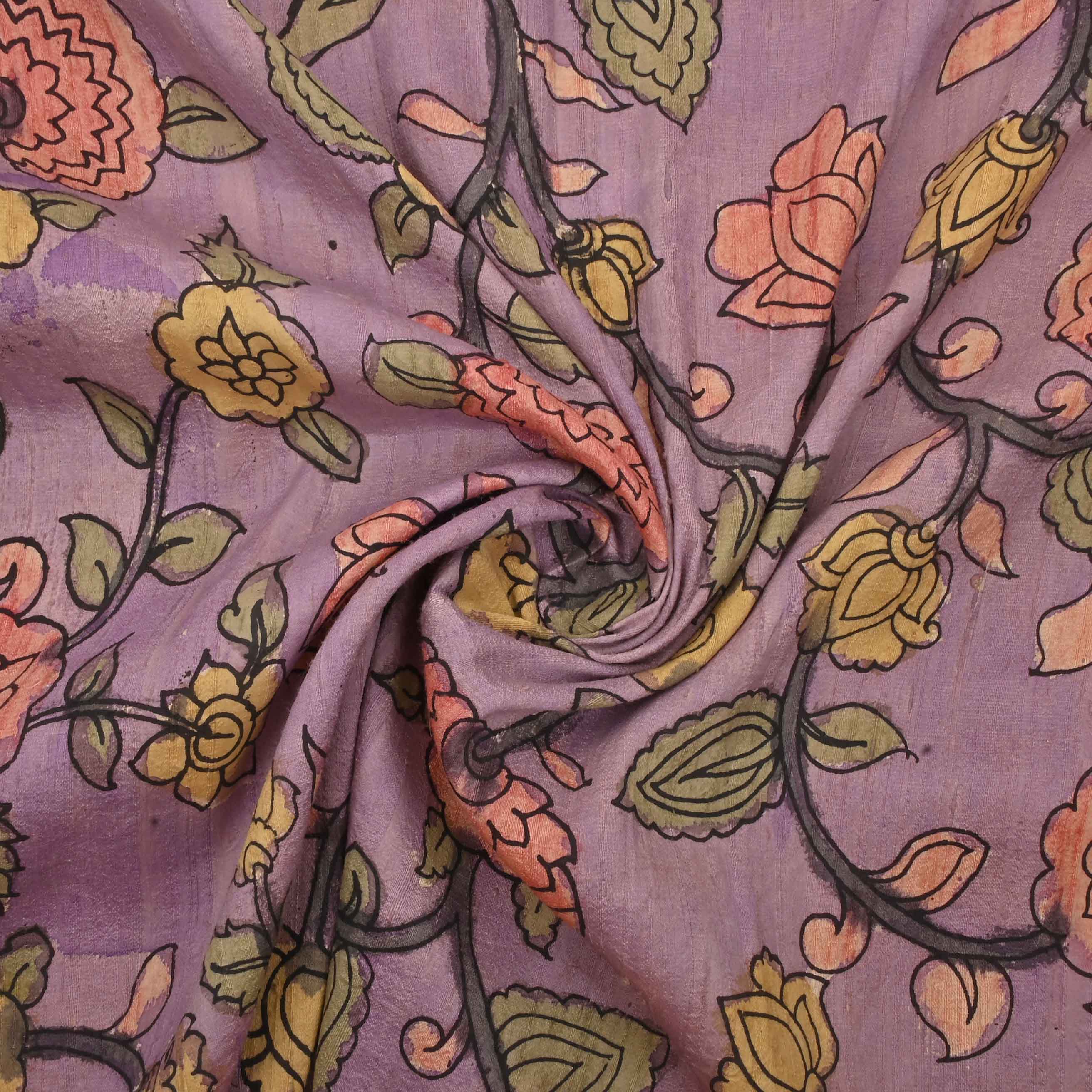 Purpleviolet Printed Rawsilk With Pen Kalamkari