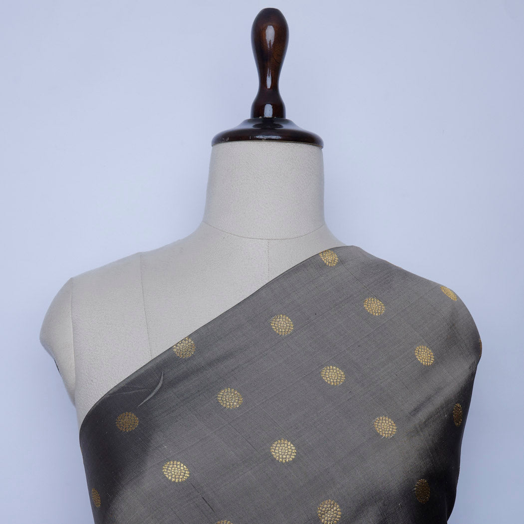 Earthy Grey Color Gadwal Fabric With Floral Buttis