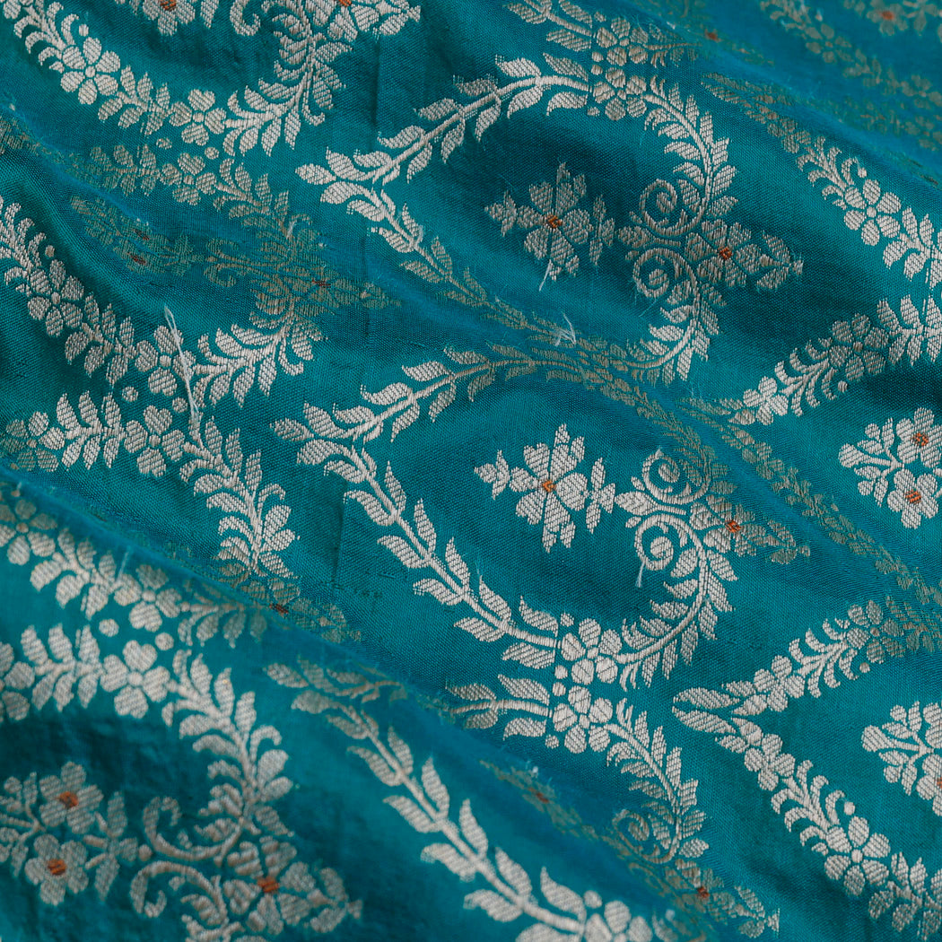 Teal Blue Color Silk Fabric With Floral Buttas