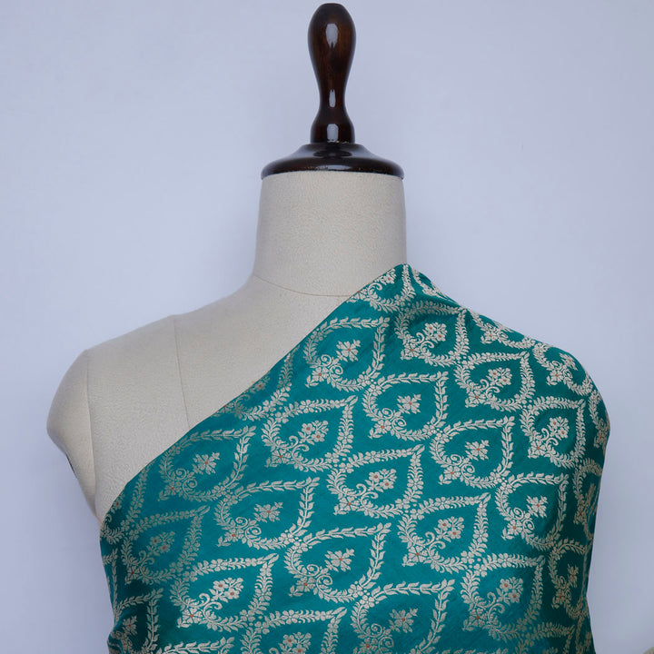 Teal Blue Color Silk Fabric With Floral Buttas