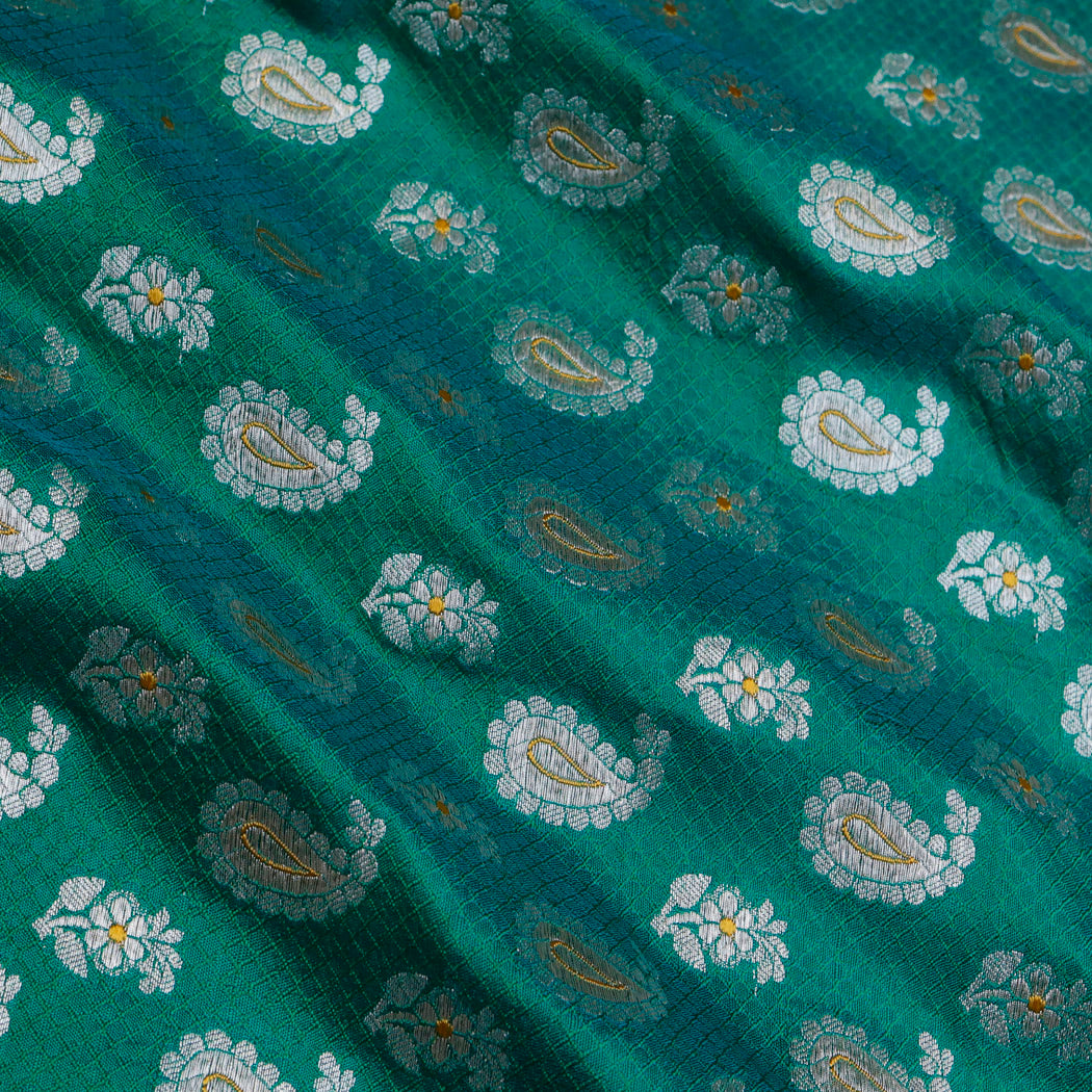 Teal Green Color Silk Fabric With Paisley Buttas