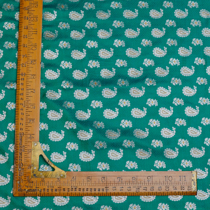 Teal Green Color Silk Fabric With Paisley Buttas