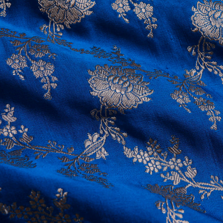 Azure Blue Color Satin Silk Fabric With Floral Jaal Design