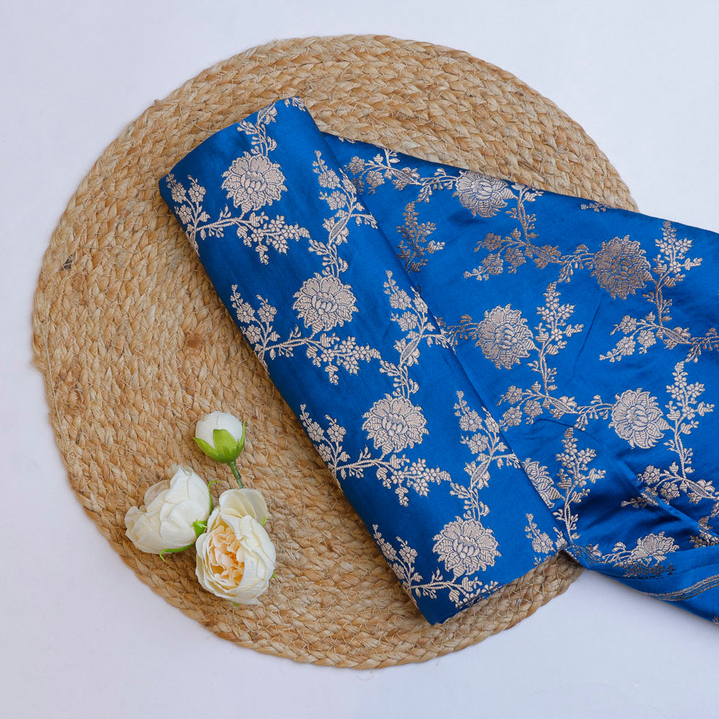 Azure Blue Color Satin Silk Fabric With Floral Jaal Design
