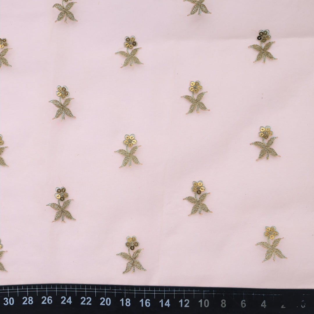 Gold Pink Organza Floral Boutis Embroidery Fabric