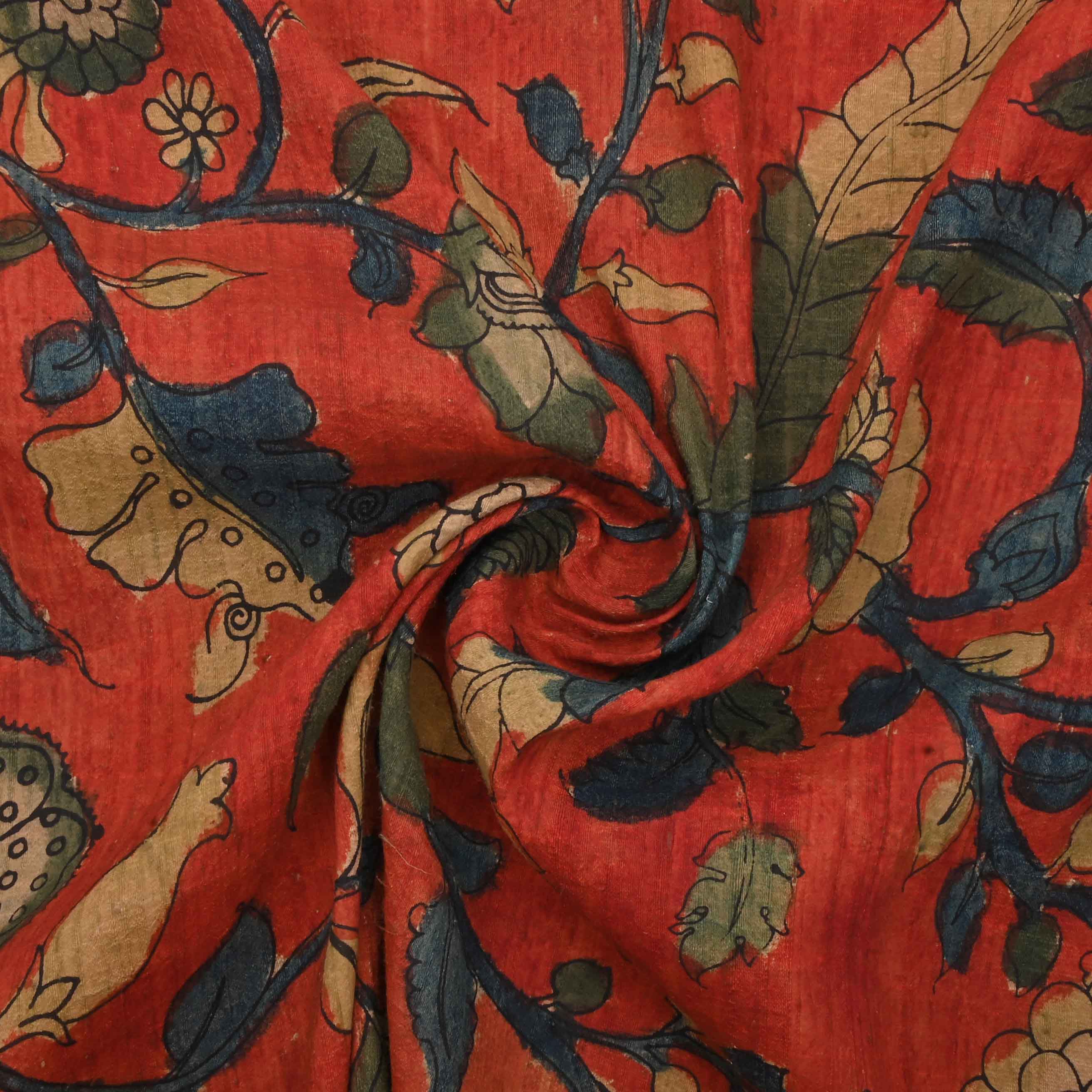 Red Pen Kalamkari On Rawsilkdupion Fabric