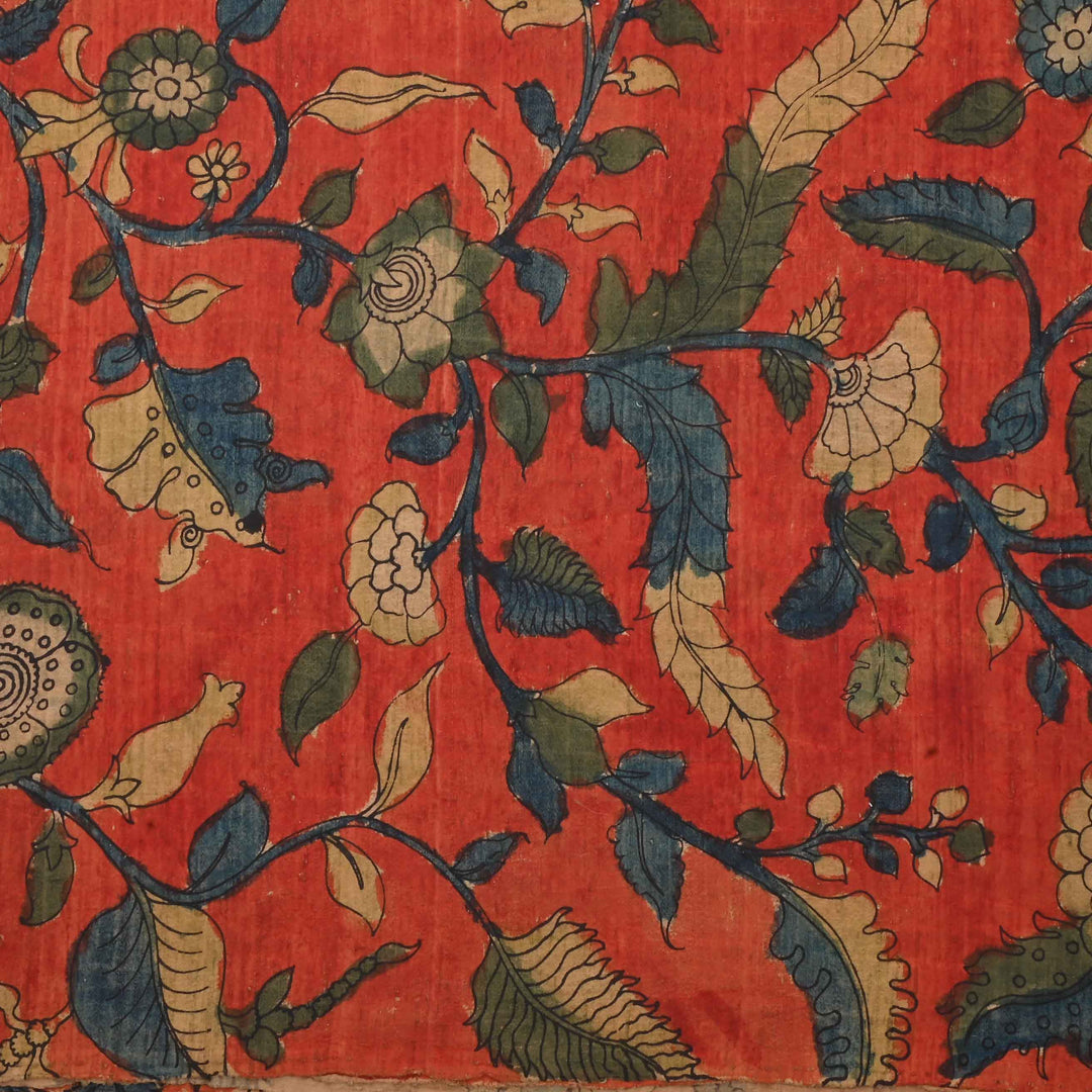 Red Pen Kalamkari On Rawsilkdupion Fabric