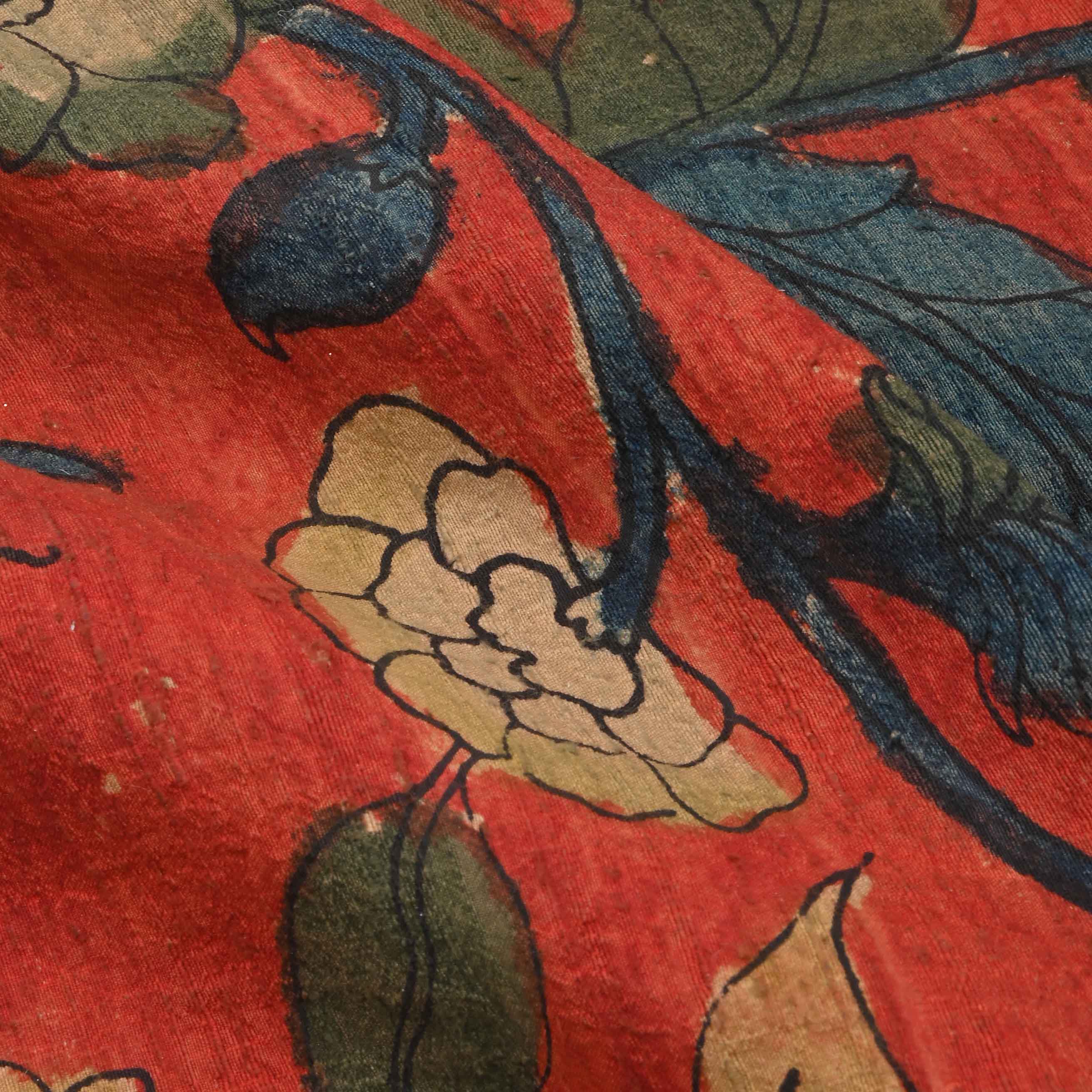 Red Pen Kalamkari On Rawsilkdupion Fabric