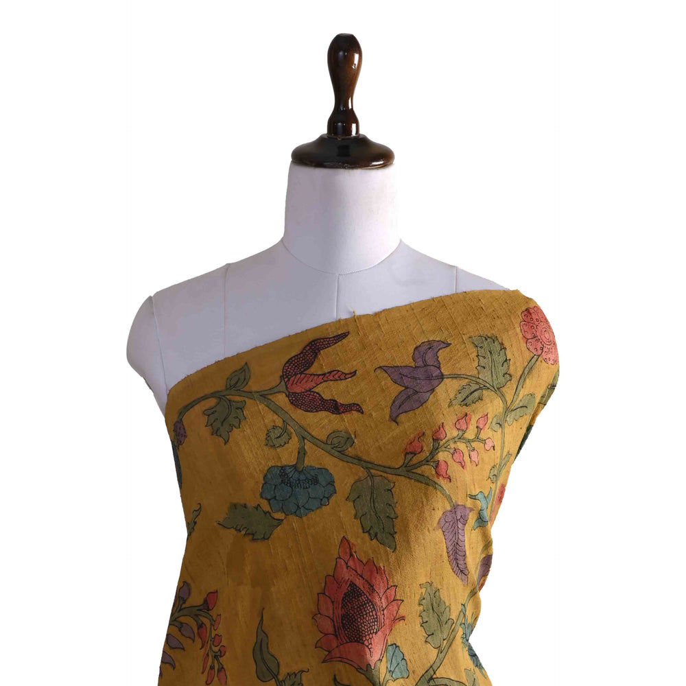 Yellowmustard Printed Rawsilk Fabric With Pen Kalamkari Patterns