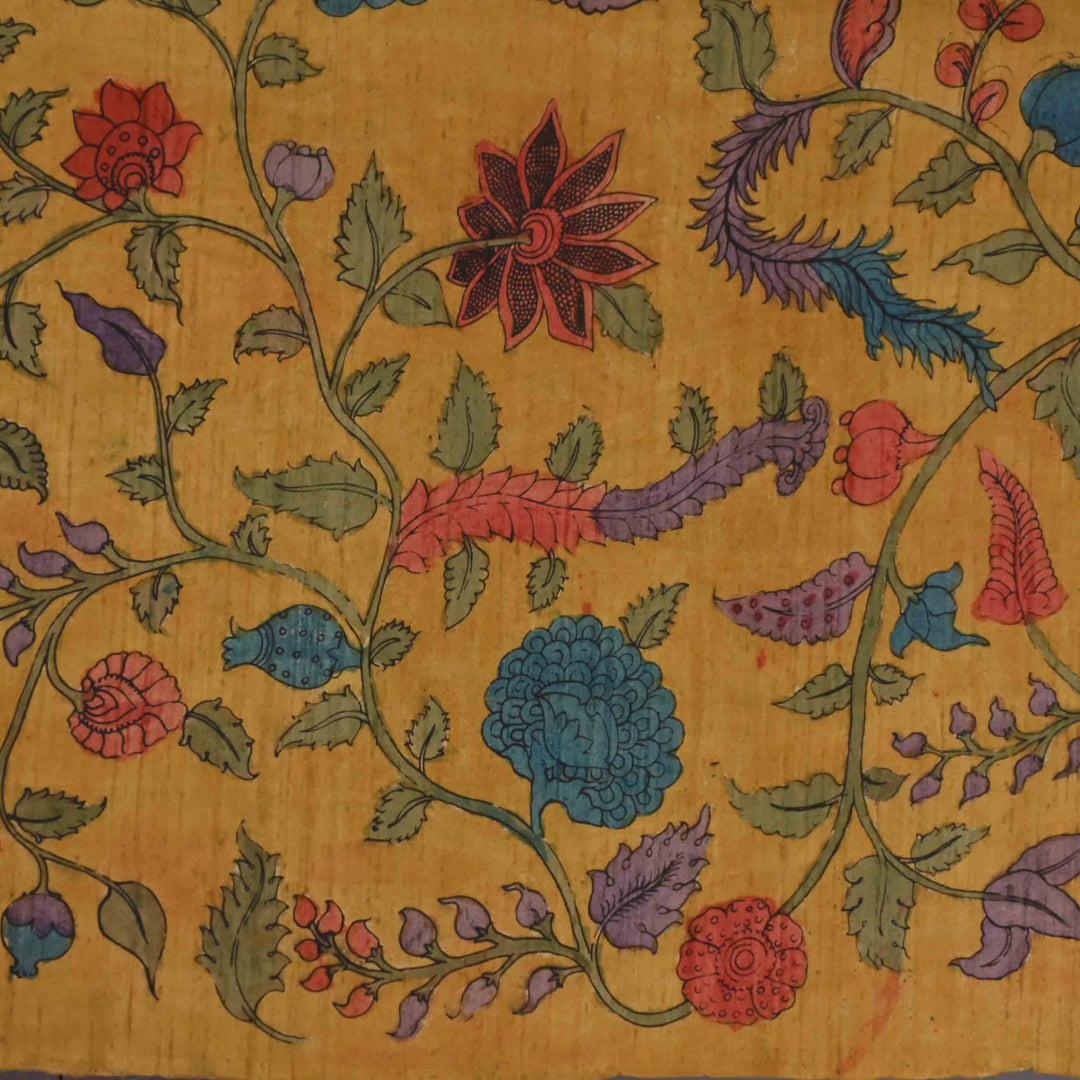 Yellowmustard Printed Rawsilk Fabric With Pen Kalamkari Patterns