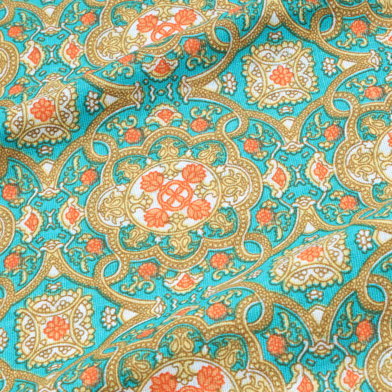 Teal Blue Color Cotton Fabric With Floral Printed Pattern