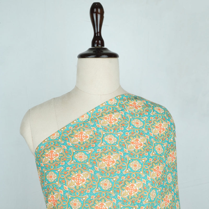 Teal Blue Color Cotton Fabric With Floral Printed Pattern