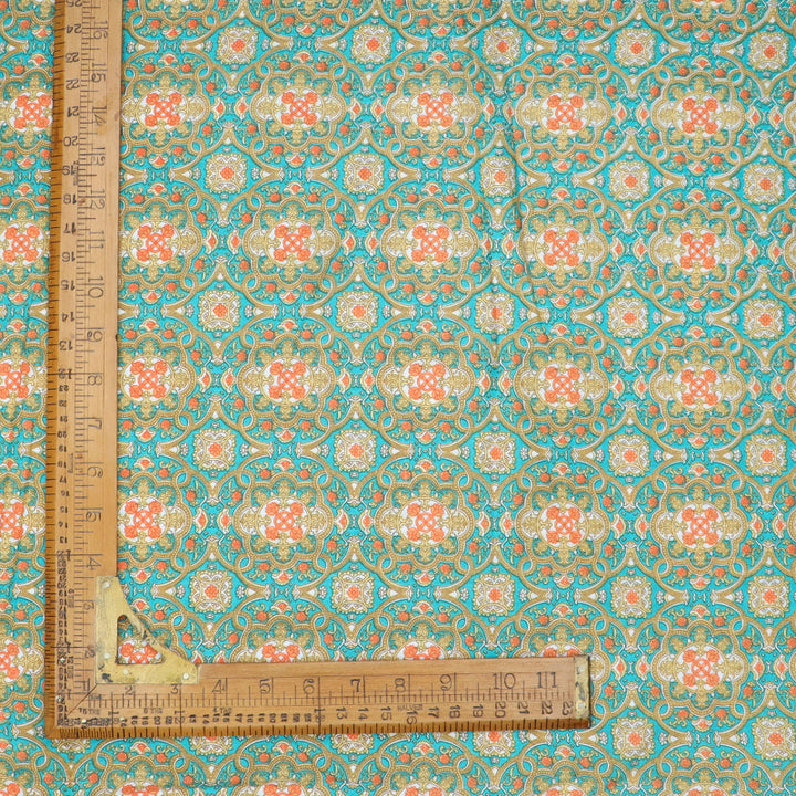 Teal Blue Color Cotton Fabric With Floral Printed Pattern