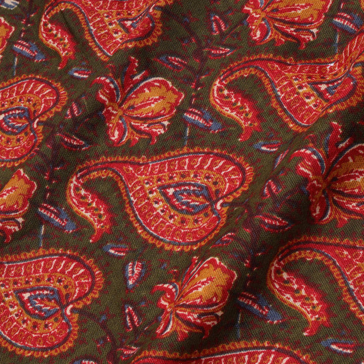 Mehendi Green Color Cotton Fabric With Floral And Paisley Printed Pattern