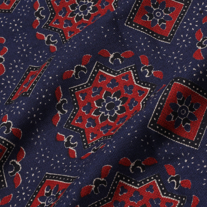 Admiral Blue Color Cotton Fabric With Printed Ajrakh Pattern