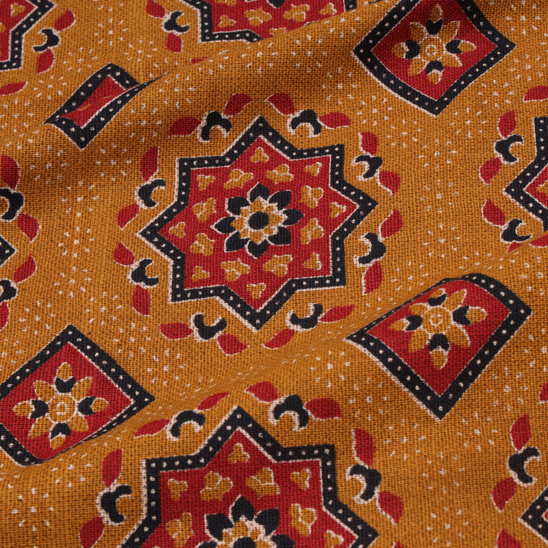 Mustard Yellow Color Cotton Fabric With Floral Printed Pattern