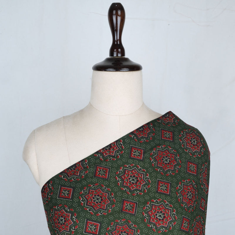 Emerald Green Color Cotton Fabric With Floral Printed Pattern