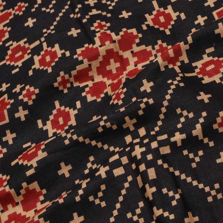 Coal Black Color Cotton Fabric With Printed Floral Pattern