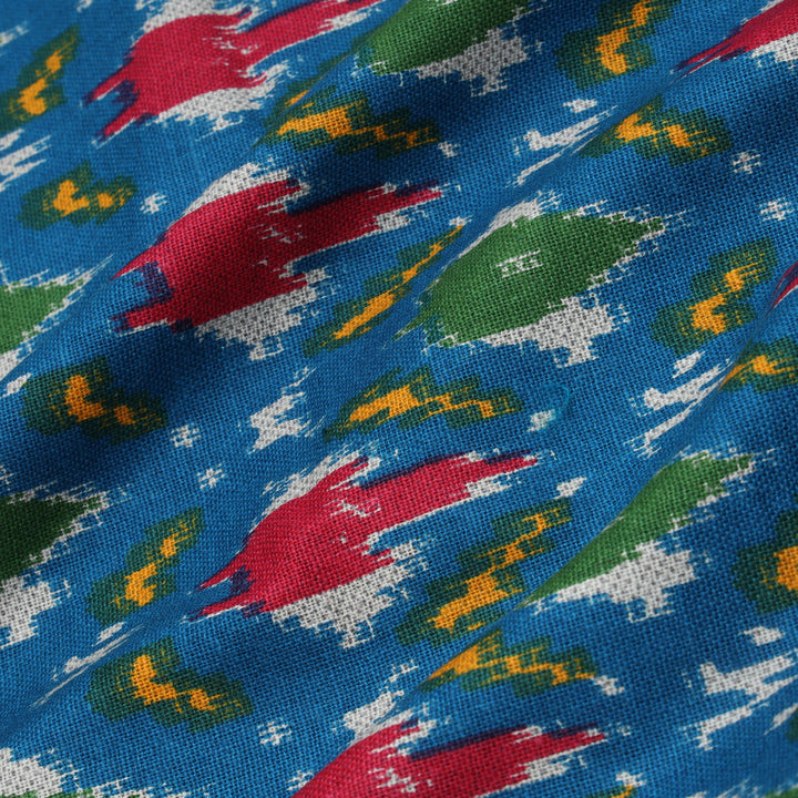 Teal Blue Color Cotton Fabric With Ikkat Printed Pattern