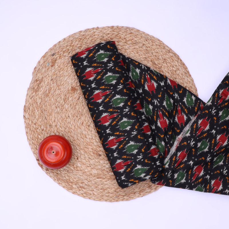 Grease Black Color Cotton Fabric With Ikkat Printed Pattern