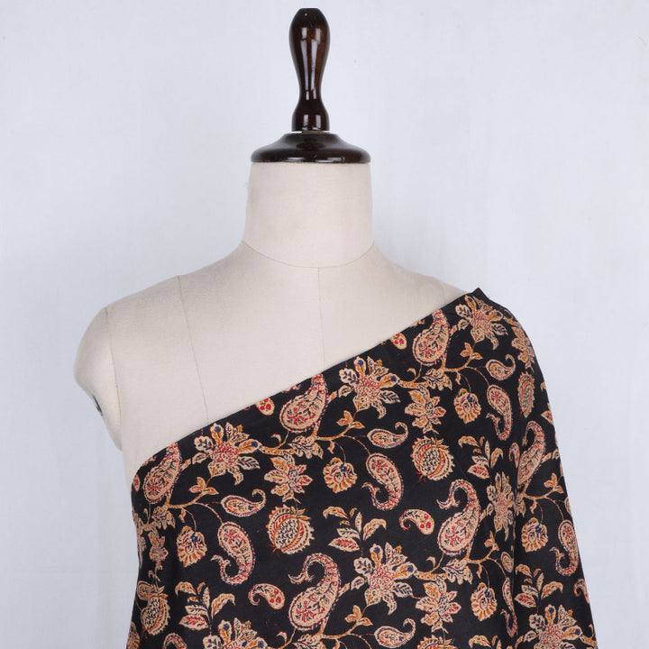 Ink Black Color Cotton Fabric With Printed Floral And Pasiley Pattern