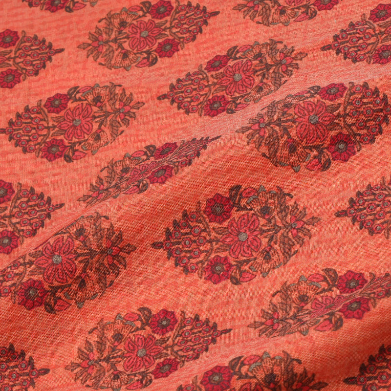 Brick Red Color Cotton Fabric With Floral Printed Pattern