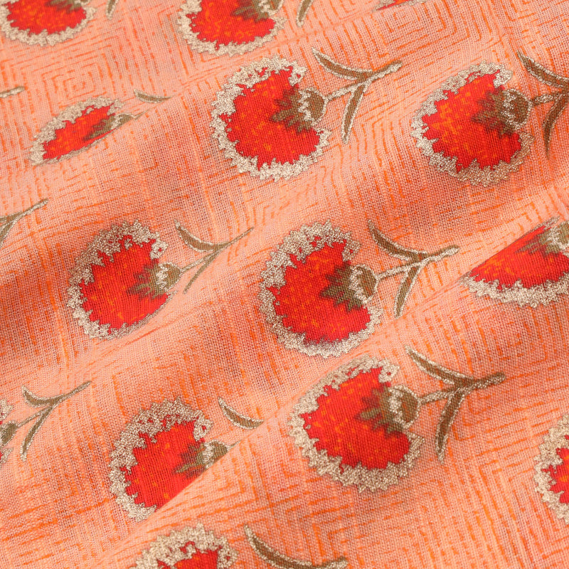 Peach Color Cotton Fabric With Printed Floral Pattern