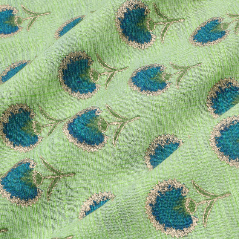 Mint Green Color Cotton Fabric With Printed Floral Pattern