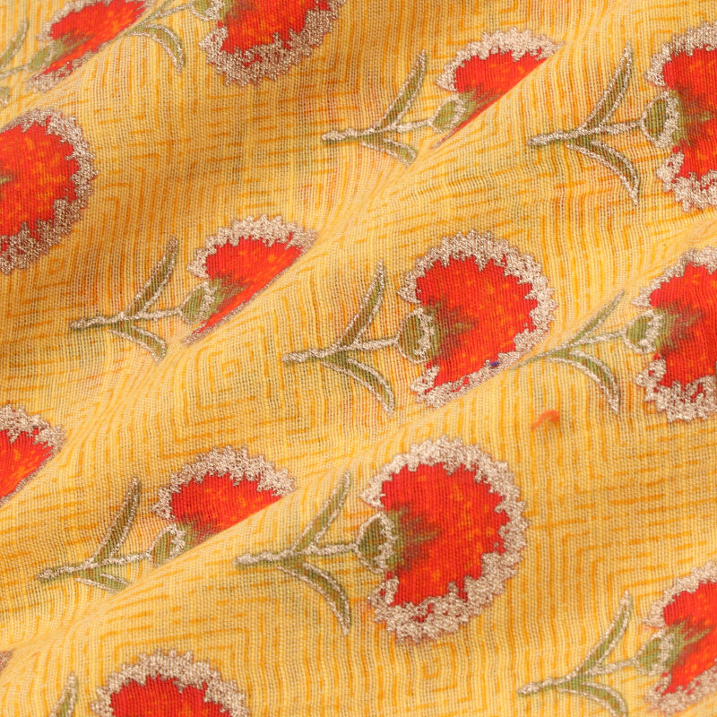Golden yellow color cotton fabric with printed floral pattern