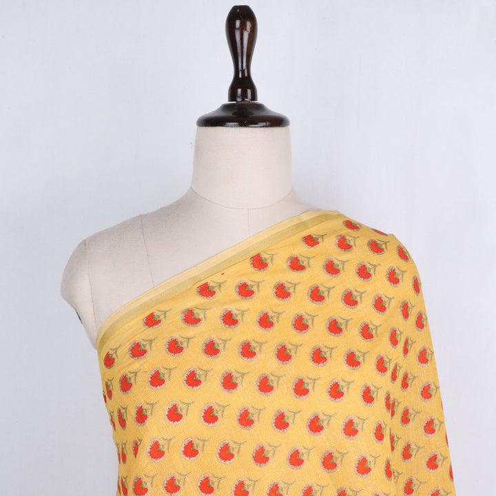 Golden yellow color cotton fabric with printed floral pattern