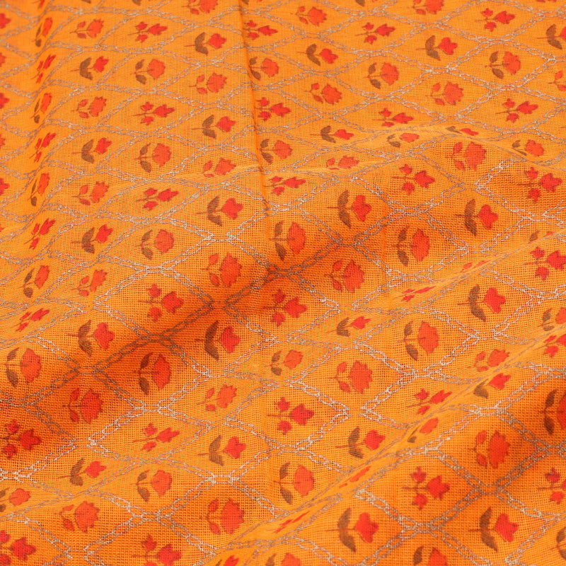Tangerine Orange Color Cotton Fabric With Floral Printed Pattern